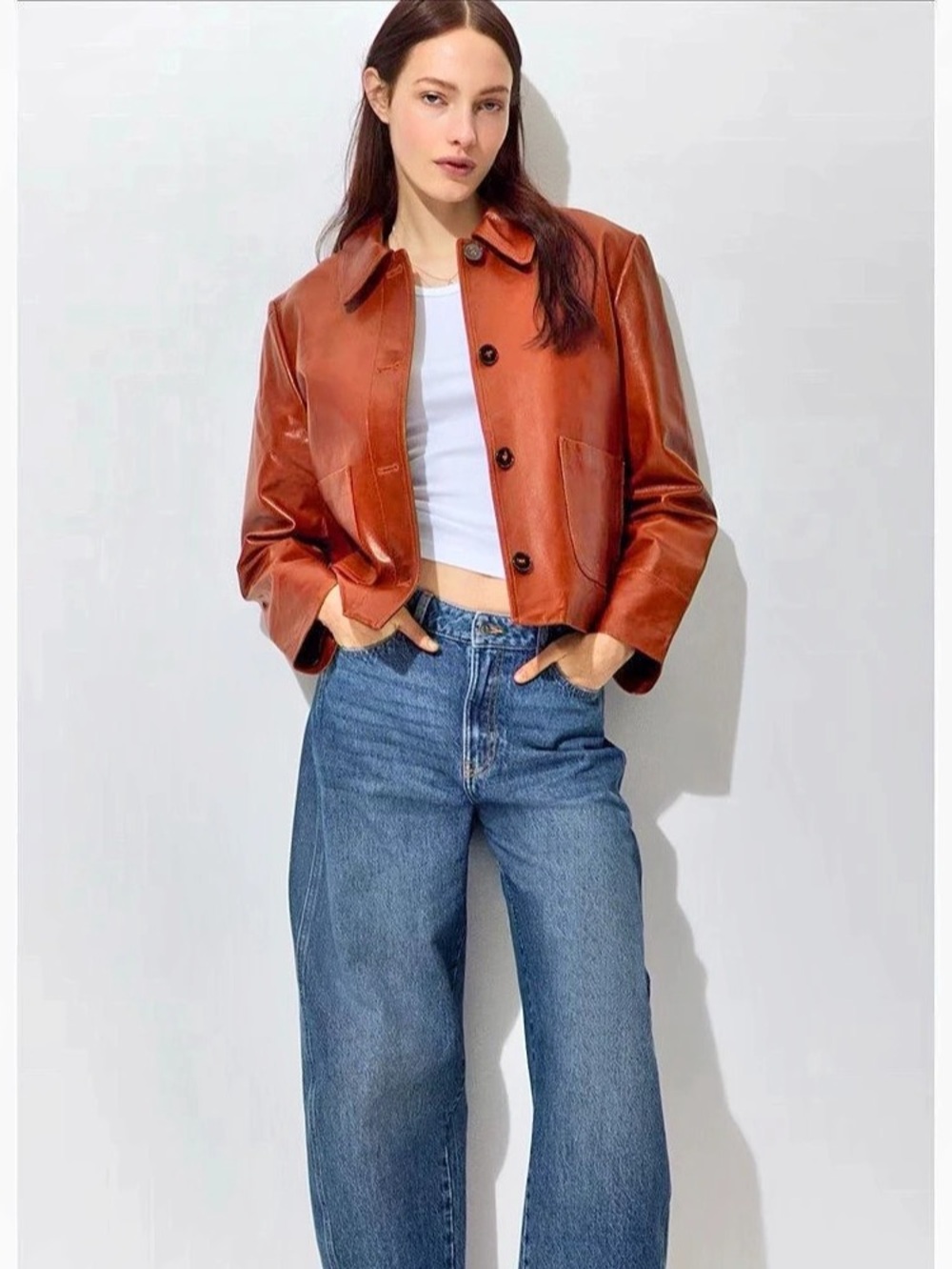 H&M Premium Selection Brown Leather Jacket size Small